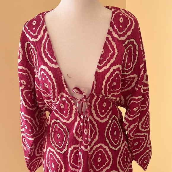 New! Zara pink geometric beaded deep neck cotton/linen mini dress. - Picture 4 of 16